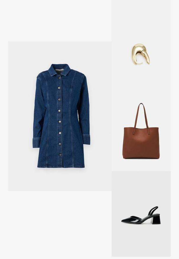 Tumši denima krekli kleita ar garām piedurknēm, norādītu apkakli, priekšējo pogu aizdari un vertikālām šuvēm. Gluda tekstūra un strukturēta piegriezuma.; Melna lakota āda ar atvērto papēdi, ar smailu purngalu un ģeometrisku blokpapēdi. Iezīmējas elegants, minimāls dizains un gluda tekstūra.; Brūna ādas iepirkumu soma ar gludu tekstūru, atvērta augšdaļa un divas plecu siksnas. Izceļas ar minimālām šuvēm un redzamu aparatūru nav.; Zeltīti metāla auskari ar gludu, izliekta dizaina. Ar atšķirīgu smailu formu, pulētu virsmu un eņģu aizdari.