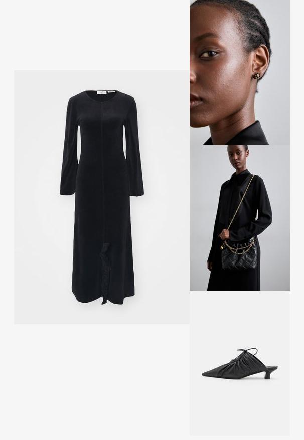 Fekete, hosszú ujjú ruha puha anyagból, kerek nyakkivágással, slim fit szabással és fodros részlettel az alján. Egységes, sima textúrával.; Fekete bőr slip-on mules, hegyes orral, gyűrött textúrával és kis kitten sarokkal. Az nyílásnál húzózsinór részlet található.; Fekete steppelt bőr kézitáska gyűrt toppal, arany lánc vállpánttal és téglalap alakú formával, egyszerű háttér előtt tartva.; A fém virágmintás fülbevalónak texturált fekete közepe és finom részletei vannak. A modellen tiszta bőre és fonott haja oldalnézetből látható.