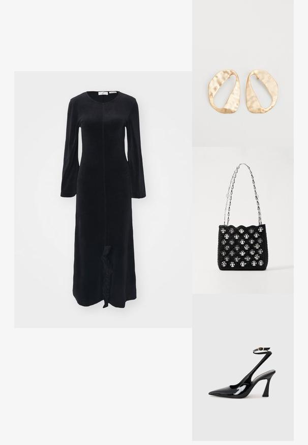 Robe longue noire à manches longues en tissu doux, avec un col rond, une coupe ajustée et un détail à volants au niveau de l'ourlet. Texture lisse sur toute la surface.; Escarpins noirs en cuir verni avec un bout pointu, sangle ajustable à la cheville et un talon bloc modéré. Texture lisse avec finition brillante.; Rabanne Sac à main - black/silver; Une paire de boucles d'oreilles en métal doré, de forme ovales irrégulières, avec une surface texturée et légèrement martelée sur fond blanc.