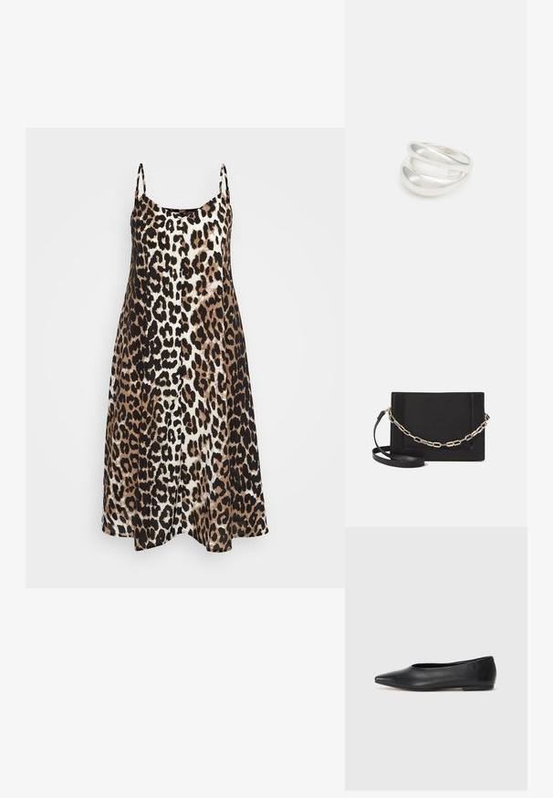 Oblačilo z leopardjim vzorcem z tanke naramnice, A-linijska silhueta in mešanica bež, rjave in črne barve. Mehka tkanina z gladko teksturo.; Črne usnjene balerinke, koničast toe, minimalističen dizajn, gladka tekstura, nizka peta, brez vidnih kovinskih delov ali okraskov.; Črna usnjena torba čez ramo z gladko teksturo, pravokotno obliko in kovinskim verižnim detajlom spredaj. Vključena je nastavljiva naramnica.; Srebrn dvojni prstan z gladko, polirano površino. Ima tekoč, ukrivljen dizajn z prekrivajočimi se sekcijami za sodoben videz.; Srebrn dvojni prstan z gladko, polirano površino. Ima tekoč, ukrivljen dizajn z prekrivajočimi se sekcijami za sodoben videz.; Srebrn dvojni prstan z gladko, polirano površino. Ima tekoč, ukrivljen dizajn z prekrivajočimi se sekcijami za sodoben videz.