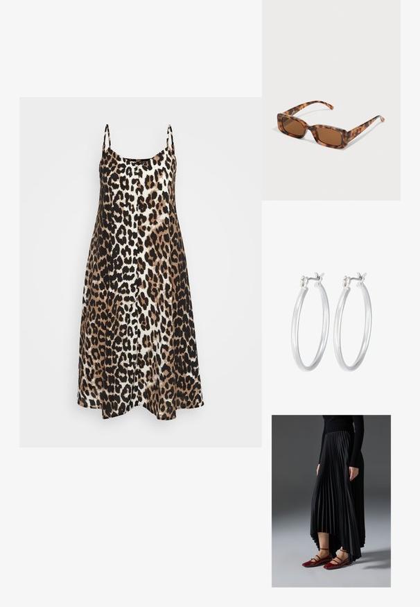 Haljina s uzorkom leoparda s tankim naramenicama, A-linije, u kombinaciji bež, smeđih i crnih boja. Mekana tkanina s glatkom teksturom.; Crna plisirana suknja s visokim i niskim rubom, uparena s sjajnim crvenim balerinkama s dizajnom trakice. Tkanina ima glatku teksturu.; Naočale u obliku tortoiseshella s pravokutnim smeškim lećama, debelim okvirom i tankim nogicama koje imaju uzorak od različitih nijansi smeđe boje.; Srebrne kružne naušnice s glatkom, poliranom površinom. Okrugli oblik i sigurno kopčanje na klik. Lagani dizajn pogodan za svakodnevno nošenje.