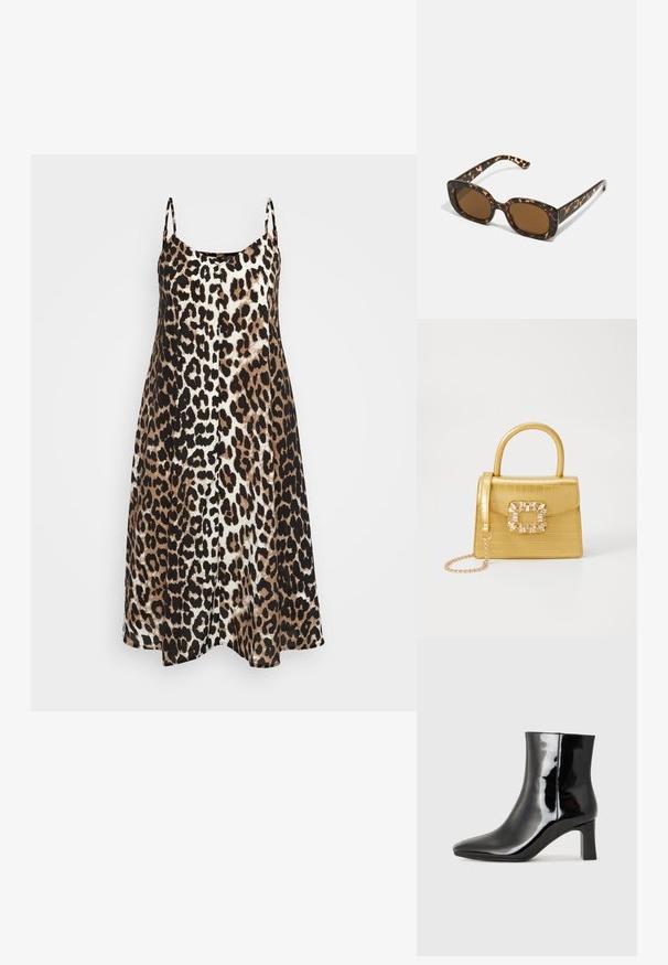 Leopárdmintás ruha vékony pántokkal, A-vonalú sziluettel, bézs, barna és fekete színek keverékében. Puha, sima textúrájú anyag.; Fekete lakk bőrcipő bokáig érő, hegyes orral és közepes magasságú tömbsarokkal. Simább textúrával és minimalista dizájnnal rendelkezik.; Teknősbéka mintázatú napszemüveg kerek, vastag kerettel és barna lencsékkel. Finom mintázattal és egyenes, keskenyedő szárakkal rendelkezik.; Sárga műbőr krokodil mintás kézitáska strukturált kialakítással, felső fogantyúval, leválasztható lánccal és díszes kristály díszítéssel a záron.
