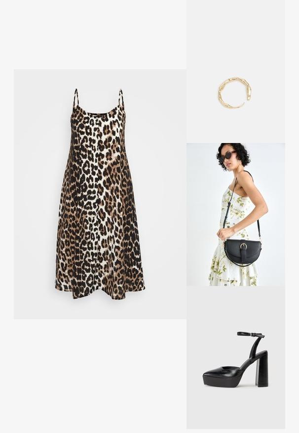 Lauku druka kleita ar plānām siksnām, A-līnijas siluets un krāsu maisījums no bēša, brūna un melna. Mīksta auduma ar gludu tekstūru.; Melnas platformas papēžs ar norādītu purngala formu un regulējamu potītes siksniņu. Izgatavotas no gludas ādas, ar masīvu bloku papēdi.; Melnas ādas rokassoma ar izliekta formu, noņemamu siksnu un zelta aksesuāriem. Somai ir vāciņš ar sprādzes detaļu.; Zelta toņa gredzens ar organisku, vērptu dizainu, gludu virsmu un sašaurinātiem galiem, radot mūsdienīgu, skulpturālu izskatu.