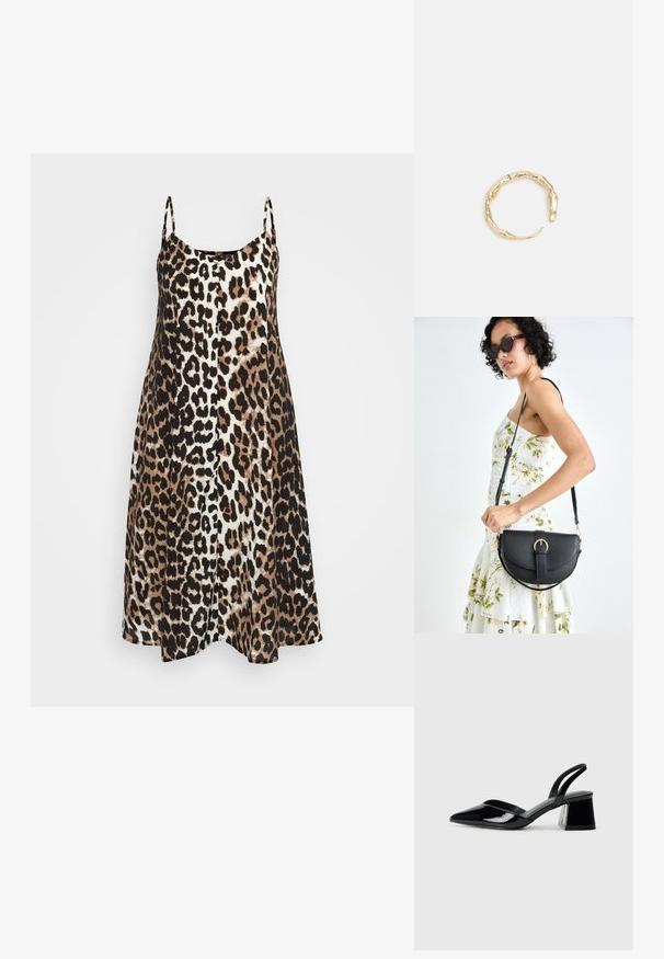 Leopardų rašto suknelė su plonomis petnešomis, A-formos siluetas ir mišri bežinė, ruda bei juoda spalvos. Minkšta medžiaga su lygiu paviršiumi.; Juodos lakuotos odinės šlepetės su smailiu pirštu ir geometriniu bloko kulnu. Turi elegantišką, minimalistinį dizainą ir lygų paviršių.; Juodas odinis krepšys su išlenkta forma, nuimamu dirželiu ir auksiniais detalėmis. Krepšys turi kilpą su sagtimi.; Auksinės spalvos žiedas, turintis organišką, sukimosi dizainą su lygiu paviršiumi ir siaurėjančiais galais, sukuriantis modernią skulptūrinę išvaizdą.