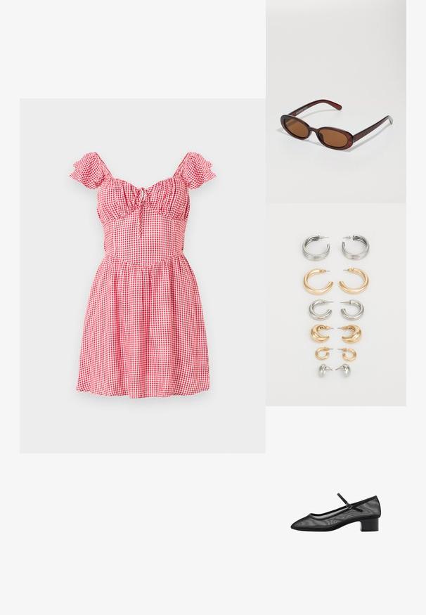 Červené a biele kárované krátke šaty s puffovými rukávmi, smockovaným živôtikom a sťahovacou šnúrkou vpredu. Strih sukne s rozšírením.; Čierne sieťované lodičky s špicatou špičkou, malým blokovým opätkom a pásikom okolo členku. Majú hladký povrch a minimalistický dizajn.; Okrúhle slnečné okuliare s hnedým nádychom a lesklým burgundským rámom. Úzke ramená s jemným brandovaním. Plochej šošovky dizajn.; Sada ôsmich kovových náušníc v strieborných a zlatých tónoch. Obsahuje rôzne štýly kruhových náušníc, textúry a povrchové úpravy, usporiadané podľa veľkosti.