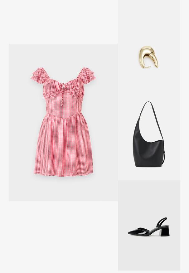 Rood en wit geruite korte jurk met pofmouwen, smocklichamen en een trekkoorddetail aan de voorkant. Uitlopende rokontwerp.; Zwarte gepatineerde leren slingback hakken met een spitse neus en een geometrische blokhak. Kenmerkt zich door een slank, minimalistisch ontwerp en een gladde textuur.; Zwarte leren hobo tas met een gladde textuur, kromme vorm en een enkele verstelbare schouderband; heeft een brede opening aan de bovenkant.; Gouden metalen oorbel met een slank, gebogen ontwerp. Beschikt over een kenmerkende puntige vorm, gepolijste oppervlakte en scharnier sluiting.