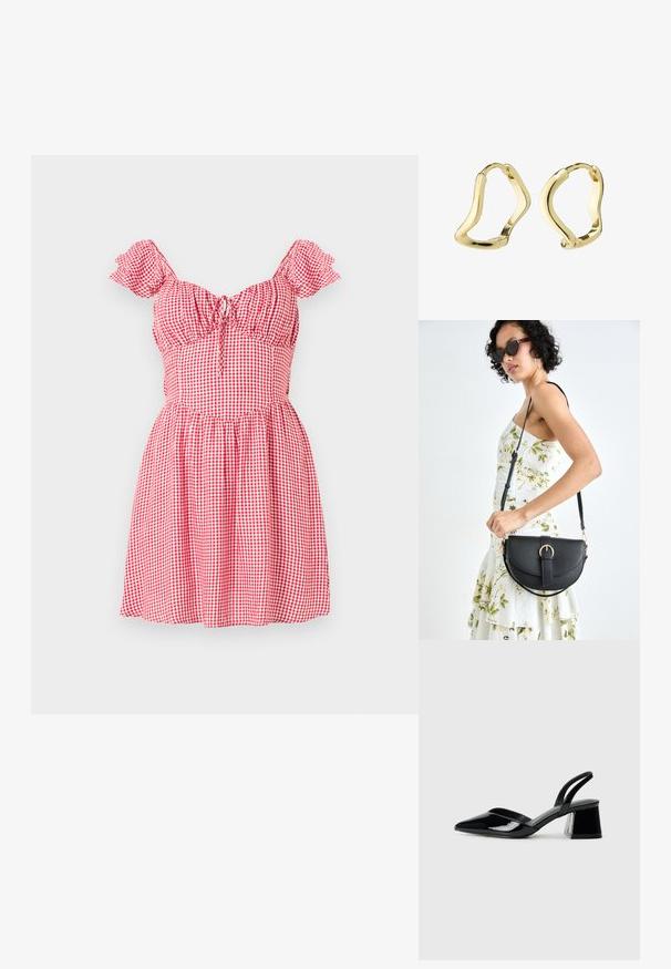 Rood en wit geruite korte jurk met pofmouwen, smocklichamen en een trekkoorddetail aan de voorkant. Uitlopende rokontwerp.; Zwarte gepatineerde leren slingback hakken met een spitse neus en een geometrische blokhak. Kenmerkt zich door een slank, minimalistisch ontwerp en een gladde textuur.; Zwarte leren handtas met een gebogen vorm, afneembare schouderband en gouden hardware. De tas heeft een klep met een gespsluiting.; Gouden creolen met een vloeiende, golvende vorm. Glad oppervlak, open ontwerp en geen zichtbare sluitingen. Minimalistische en moderne uitstraling.