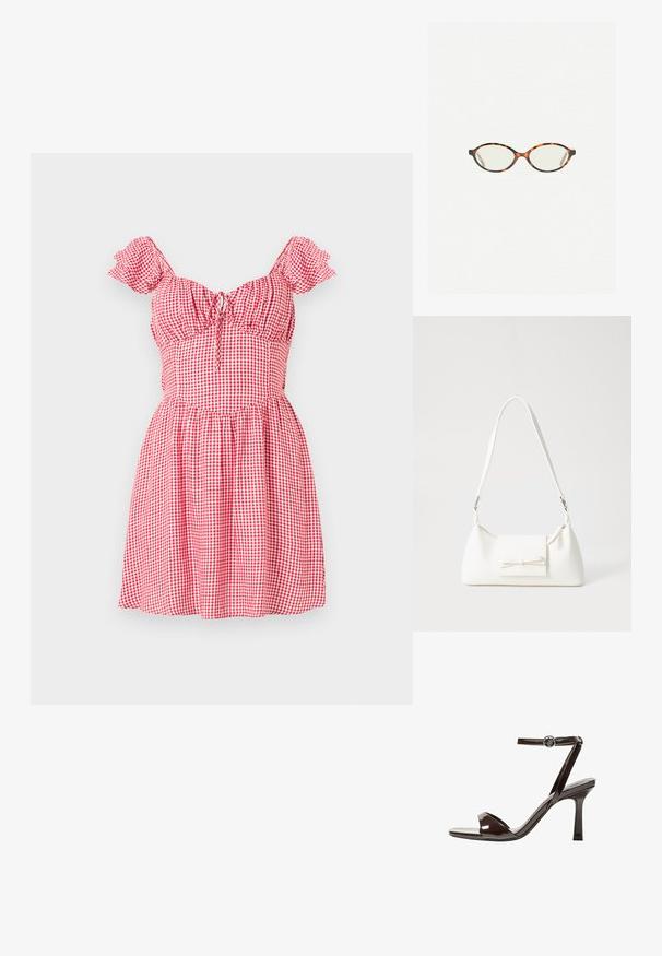 Piros és fehér kockás rövid ruha puffos ujjakkal, ráncolt melltartóval és húzózsinóros részlettel elöl. Bővülő szoknyaterv.; Barna lakkbőr magassarkú szandál, bokaheggyel, nyitott orral és letisztult, minimalista dizájnnal. Négyzet alakú sarokkal rendelkezik.; Tortábar színű szemüveg ovális lencsékkel és sima, elegáns felülettel. Vékony szárakkal rendelkezik, amelyeken finom ív található a halántéknál. Átlátszó lencsék.; Fehér szintetikus kézitáska, háromszög alakú, lapos előlap, masni részlettel, állítható pánttal, sima textúrával és minimalista dizájnnal.