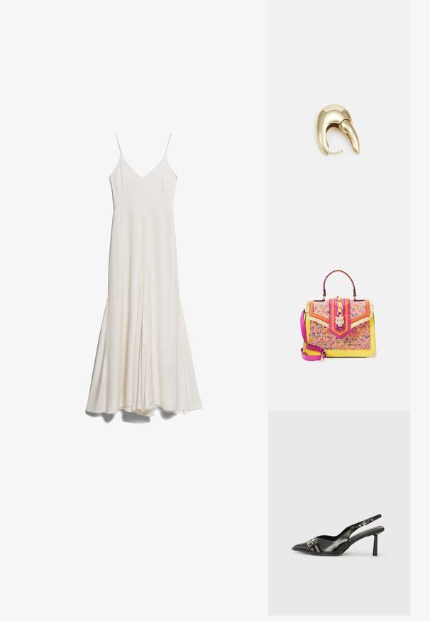 Bílá midi sundress s tenkými nastavitelnými ramínky, V-řezem a vzdušným střihem, se štěrbinou vpředu a hladkou texturou.; Černá lakovaná slingback obuv s špičatou špičkou, kotníkovými pásky s kovovými sponami a příslušenstvím, a štíhlým podpatkem.; ALDO Kabelka - pink/multi-coloured; Náušnice ve zlatém tónu z kovu s elegantním zakřiveným designem. Vyznačují se jedinečným špičatým tvarem, lesklým povrchem a závěsem na kloub.
