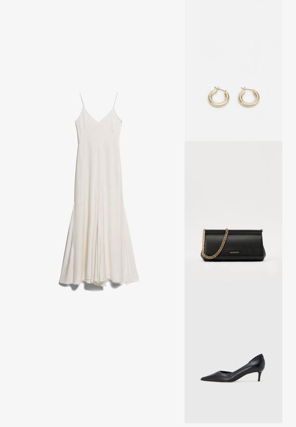 White midi slip dress with thin adjustable straps, a V-neckline, and a flowy silhouette, featuring a front slit and smooth texture.; Black leather pump with a pointed toe and low heel. Features a smooth texture and subtle sheen. Open cut at the front for added detail.; Black leather clutch bag with a gold chain strap, featuring a smooth texture, rectangular shape, and embossed branding on the front.; Lauren Ralph Lauren BASIC SMALL HOOP - Earrings - gold-coloured
