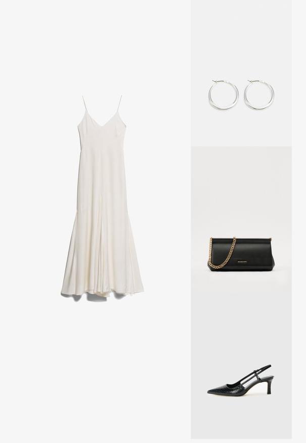 Robe midi blanche à bretelles fines et réglables, avec un décolleté en V et une silhouette fluide, dotée d'une fente avant et d'une texture lisse.; Escarpin slingback en vernis noir avec un bout pointu, présentant un imprimé serpent texturé, une sangle réglable et un petit talon bloc texturé.; Sac à main en cuir noir avec une bandoulière en chaîne dorée, présentant une texture lisse, une forme rectangulaire et une marque embossée à l'avant.; Les boucles d'oreilles en argent en forme de créole présentent un design lisse et arrondi avec un profil fin et un fermoir sécurisé. Style minimaliste avec une finition polie.