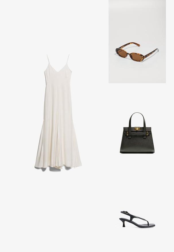 Bela midi srajčna obleka z tankimi nastavljivimi naramnicami, V-izrezom in lahkotno silhueto, z odrezom spredaj in gladko teksturo.; Črne usnjene sandale z ozkim dizajnom, tankimi trakovi in majhno peto. Imajo poudarek na sponki in gladko teksturirano podplato.; Želve kreme sončna očala z ovalnimi okvirji, rjavimi lečami in tankimi črnimi ročaji, ki imajo subtilne vzorčne akcentne podrobnosti.; Črna strukturirana toaletna torba z kratkimi ročaji, ki ima zlat zaklep in poudarke. Oblikovanje je strukturirano, s geometrijsko silhueto.