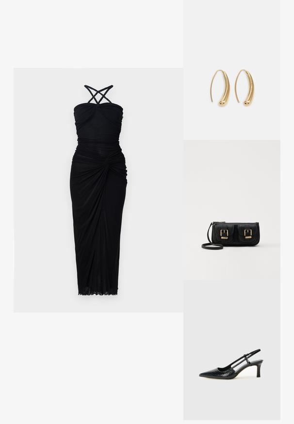 Fekete ruha testhez simuló felsőrésszel, keresztbe futó pántokkal és redőzött anyaggal, amely enyhén bővülő szegéllyel végződik, finom textúrával.; Fekete lakk slingback sarok, hegyes orral, texturált kígyómintával, állítható pánttal és rövid, texturált tömbsarkal.; Fekete bőr keresztbody táska két elülső zsebbel, arany csattokkal, cipzáras záródással és vékony pánttal. Textúrált felület és kompakt téglalap alak.; Aranyszínű fémből készült karika fülbevalók ívelt, hosszúkás formával. Simaságával és fényes felületével, valamint lekerekített végével további részletekkel bővül.