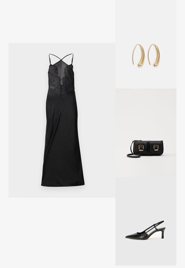 Rochie neagră cu un corset din dantelă ajustat, bretele crisscross ajustabile și o fustă din satin fluidă. Prezintă o textură netedă și un design elegant.; Pantofi cu toc slingback negri din patent, cu vârf ascuțit, cu imprimeu de șarpe texturat, curea ajustabilă și toc scurt texturat.; Geantă neagră din piele, tip crossbody, cu două buzunare frontale, catarame aurii, închidere cu fermoar și o curea subțire. Suprafață texturată și formă rectangulară compactă.; Cercei din metal auriu, cu un design curbat și alungit. Au o suprafață netedă și strălucitoare, cu un vârf rotunjit pentru un detaliu suplimentar.