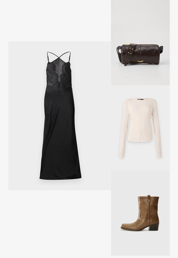 Fekete ruha testhez simuló csipkebodottal, állítható keresztezett pántokkal és hullámzó selyemszerű szoknyával. Simább textúrával és elegáns designnal rendelkezik.; Hosszú ujjú, világos bézs blúz kerek nyakkivágással. Puha anyagból készült, középső varrással és enyhén ívelt szegéllyel rendelkezik. Nincs rajta látható fémrész.; Barna bőrből készült bokacsizma négyzet alakú orral, texturált felülettel és alacsony, rakott sarkával. Hátsó húzófüllel és finom varrási részletekkel rendelkezik.; Barna krokodilbőr hatású bőr táska henger alakú, arany tónusú fémveretekkel és lecsatolható, szegecsekkel díszített pánttal.