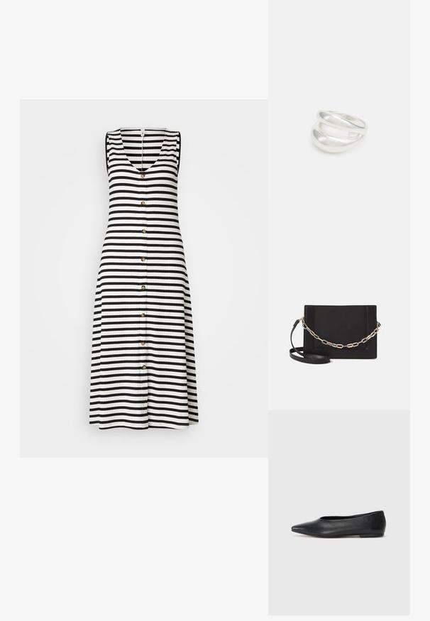 ONLY Tall ONLNELLA BUTTON DRESS - Jerseykjole - cloud dancer/black; Sorte lærballerina med spiss tå, minimalistisk design, glatt tekstur, lav hæl uten synlig metall eller dekorasjoner.; Svart lær crossbody-veske med glatt tekstur, rektangulær form og metallkjede detaljer på framsiden. Justerbar stroppe inkludert.; Sølv ring med dobbelt bånd og en glatt, polert overflate. Har et flytende, buet design med overlappende seksjoner for et moderne utseende.