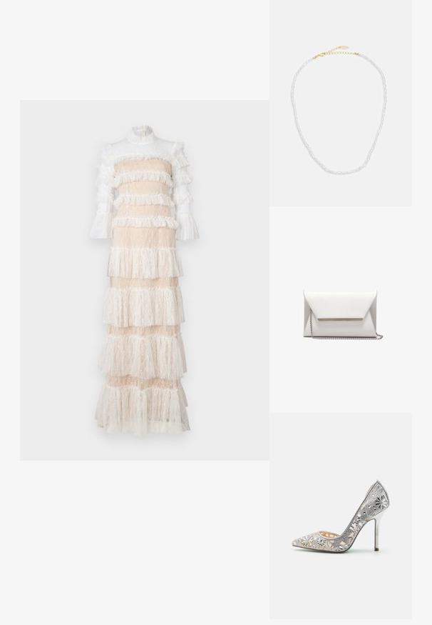 Puošnus maxi suknelė su nėriniais, nude ir baltos spalvos, su keliomis sijonų pakopomis, ilgomis rankovėmis ir aukštu kaklu, užsegama su užtrauktuku gale.; Sidabriniai aukštakulniai bateliai su nėrinių stiliaus išpjovomis ir gėlių dekoracijomis, su smailiu nosiu ir blizgančiu metaliniu kulnu.; Balta voko dėklas, pagamintas iš lygios odos, su sidabrine grandinėlės dirželiu ir metaliniu akcentu priekyje. Minimalistinis dizainas ir trikampio forma.; Perlų kaklo papuošalas su subtiliu dizainu, su mažomis baltomis perlų ir auksine grandinėle su sagtimi, skirta reguliuoti ilgį.