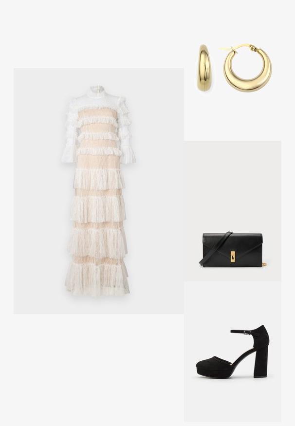 Puošnus maxi suknelė su nėriniais, nude ir baltos spalvos, su keliomis sijonų pakopomis, ilgomis rankovėmis ir aukštu kaklu, užsegama su užtrauktuku gale.; Juodi zomšiniai platforminiai kulniukai su storu bloku kulnu, apvalia nosimi ir čiurnos dirželiu, kuris pritvirtintas metaliniu užsegimu. Visoje apavo tekstūra lygi.; Auksiniai auskarai su poliruotu paviršiumi, turintys išgaubtą dizainą ir užsegimą. Stilinga, lygi tekstūra su blizga išvaizda.; Juodas odinis piniginė su užlenkiama sklende, auksinėmis detalėmis, su logotipo akcentu. Įeina nuimamas diržas nešiojimui.