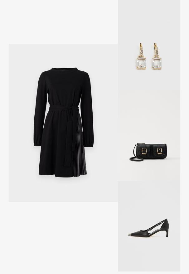 Black long-sleeve dress with a round neckline, fabric belt, and pleated skirt panel in a contrasting material. Smooth texture throughout.; Black leather kitten heel with pointed silver toe cap and dual buckle straps on a white background.; Black leather crossbody bag with two front pockets, gold buckles, zipper closure, and a slim strap. Textured surface and compact rectangular shape.; Gold-tone earrings featuring a rectangular, clear crystal dangling below a row of small, round clear accents. Sleek, modern design.