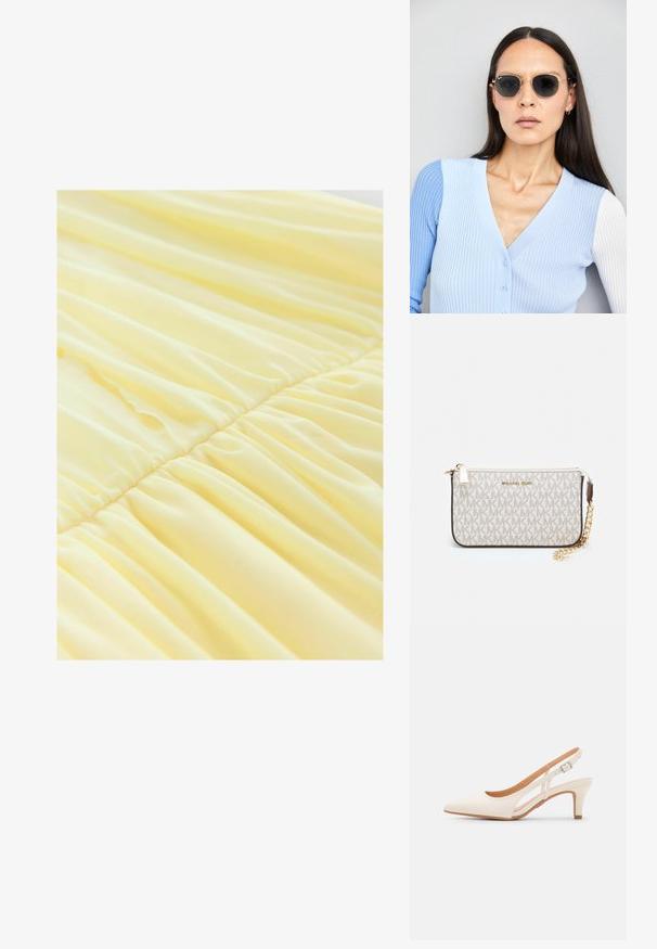 Gul klänning med mjukt, lätt tyg och samlade partier vid midjan, som skapar en flödande struktur och en mjuk fall.; Vit slingbackklack med spetsig tå, slät ovandel, låg blockklack och sidoutskärning med justerbar spänne.; Runda solglasögon med mörka linser och guldramar. Modellen bär en ljusblå, ribbad cardigan med knappar och kontrasterande vita ärmar.; Michael Kors handledos i beige belagd kanvas med ett upprepande MK-logomönster, gyllene detaljer och ett avtagbart kedjehandtag.