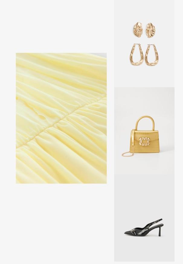 Rochie galbenă, realizată dintr-un material moale și ușor, cu secțiuni plisate la nivelul taliei, creând o textură fluidă și o cădere delicată.; Pantofii slingback din piele lăcuită neagră, cu vârf ascuțit, bretele pentru gleznă cu catarame și accesorii din argint, și un toc subțire.; Geantă galbenă din faux-crocodil cu un design structurat, mână superioară, curea detașabilă cu lanț și embellisment decorativ cu cristale pe închidere.; Cercei aurii cu forme texturate și ondulate. Include studs sculpturale cu clip și un design de cerc deschis cu un finisaj cioplit.