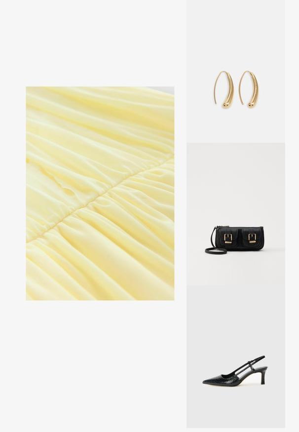 Geltona suknelė, pagaminta iš minkštos, lengvos medžiagos, su susiraukšlėjusiomis dalimis ties liemeniu, sukuriančiomis plytėjantį tekstūrą ir švelnų kritimą.; Juodai lakuoti slingback aukštakulniai su smailiu nosiu, su tekstūruotu gyvatės raštu, reguliuojama juosta ir trumpu, tekstūruotu blokiniu kulnu.; Juodas odinis per petį nešiojamas krepšys su dviem priekiniais kišenėmis, auksiniais sagtimis, užtrauktuko uždarymu ir siauromis petnešomis. Textūruota paviršius ir kompaktiškas stačiakampis formatas.; Auksinės metalinės auskarų kabės su lenktą, pailgą forma. Turi lygų, blizgantį paviršių ir užapvalintą galiuką papildomam akcentui.