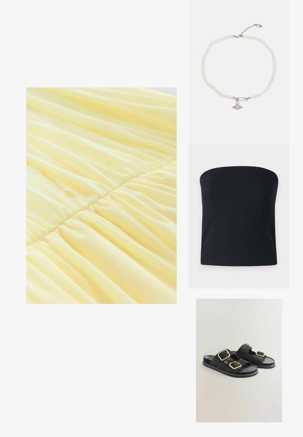 Rochie galbenă, realizată dintr-un material moale și ușor, cu secțiuni plisate la nivelul taliei, creând o textură fluidă și o cădere delicată.; Top negru fără bretele, cu un design ajustat, realizat dintr-un material neted și elastic, fără cusături vizibile. Siluetă simplă și elegantă.; Sandale negre din suede, cu două curele late și catarame aurii, talpă plată și design cu vârf deschis. Textură netedă cu accente de hardware contrastante.; Piesă decorativă în formă de scoică, de culoare aurie, cu o suprafață texturată și un design striat, având o bază plată pentru stabilitate.; Colier din perle cu mărgele albe lucioase, având un charm în formă de agrafă de culoare argintie decorat cu strasuri clare. Închidere cu carabină.