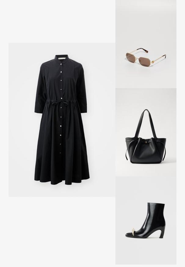 Melna kokvilnas kleita ar garām piedurknēm, ar pogu aizdari priekšpusē, piegulošu vidukli ar lentes palīdzību un platu svārku.; Melnas potītes zābaki, izgatavoti no spīdīgas ādas, ar smailu purngalu un dekoratīvu zelta un sudraba akcentu priekšpusē. Bloka papēža dizains.; Tory Burch Saulesbrilles - shiny gold-coloured; Melna ādas roku soma ar divām garām siksnām, savilktu augšpusi un zelta apļveida akcentu. Gluda tekstūra ar minimālistisku dizainu.