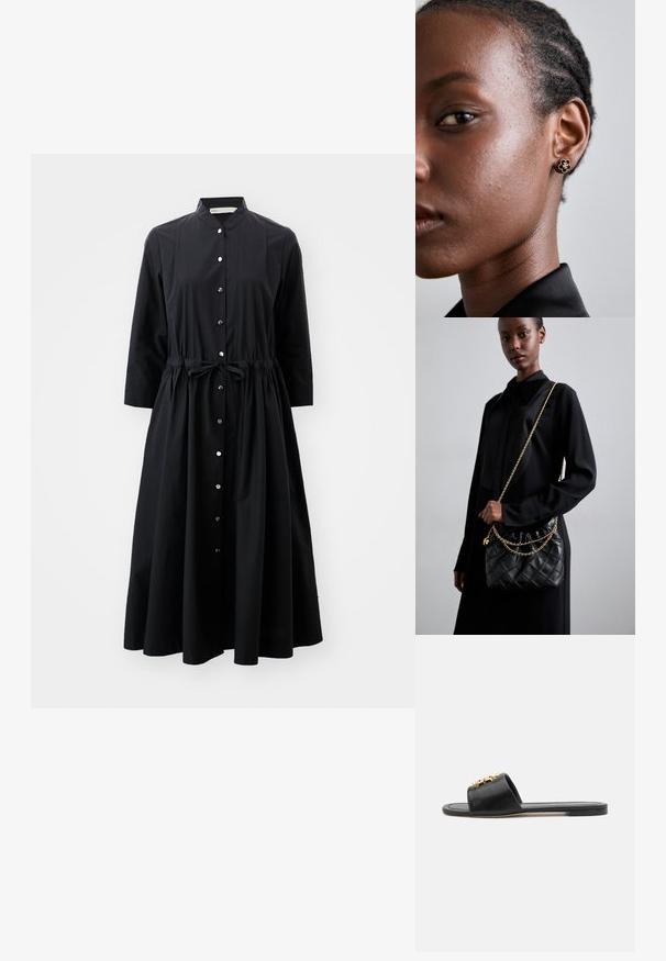 Fekete, hosszú ujjú pamutruha, gombos előlappal, húzott derékkal és bővülő szoknyával.; Fekete bőr csúsztatós szandál, nyitott orral, lapos talppal és dekoratív arany díszítéssel a felsőrészen. Elegáns, sima textúrájú, minimális design.; Fekete steppelt bőr kézitáska gyűrt toppal, arany lánc vállpánttal és téglalap alakú formával, egyszerű háttér előtt tartva.; A fém virágmintás fülbevalónak texturált fekete közepe és finom részletei vannak. A modellen tiszta bőre és fonott haja oldalnézetből látható.