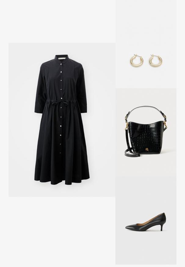 MustHave musta mustast varrukat erineva jaotusega, nuppe eest, vöökoht sidumisega ja lõtv seelik.; Must musta musta, millel on terav nina, madal konts ja sile tekstuur. Omab pisut avatud osa ees ja minimaalset riistvara taga.; Mustad krokodillimustriga must nahast kott, millel on kõver kuju, kuldse riistvara aktsessid, reguleeritav rihm ning logodetail esiosas.; Lauren Ralph Lauren BASIC SMALL HOOP - Kõrvarõngad - gold-coloured