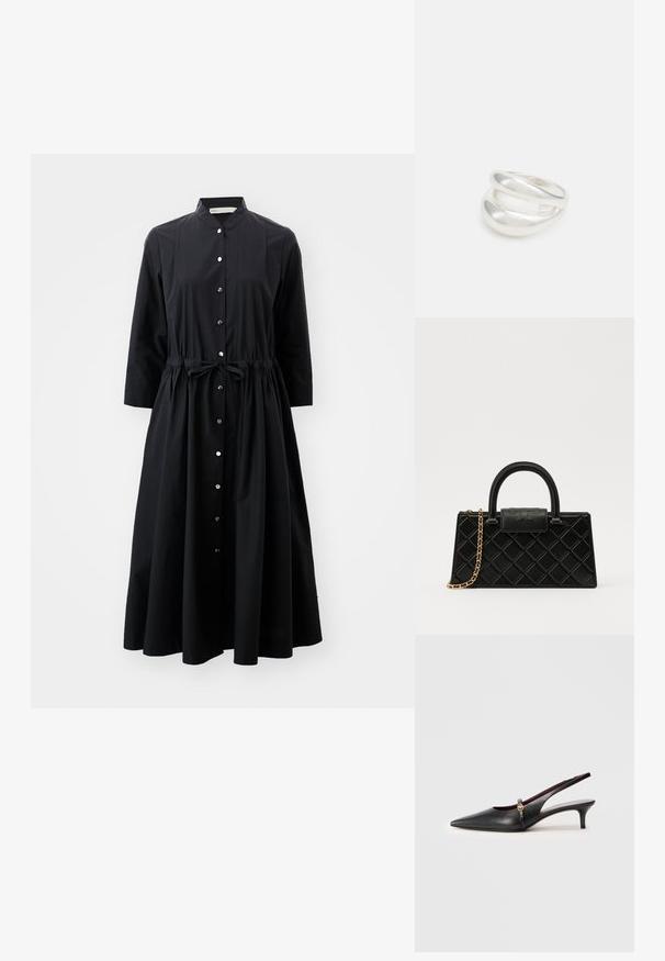 Juoda ilgos rankovės suknelė, pagaminta iš medvilnės, su mygtukų užsegimu priekyje, sukūptu liemeniu ir platėjančia sijonu.; Juodas odinis slingback stiletas su smailiu pirštu, plonu kulnu ir auksine detale šalia kulkšnies dirželio. Lygus paviršius ir paprastas dizainas.; Juodas rankinės pagamintas iš struktūrizuotos odos, su deimanto raštu, auksinės spalvos grandinėle, viršutine rankena ir logotipu išsiskiriančiu užtrauktuku.; Sidabrinis dvigubas žiedas su lygiu, poliruotu paviršiumi. Pasižymi sklandžiu, kreiptu dizainu su persipinančiomis dalimis, suteikiančiomis modernų išvaizdą.