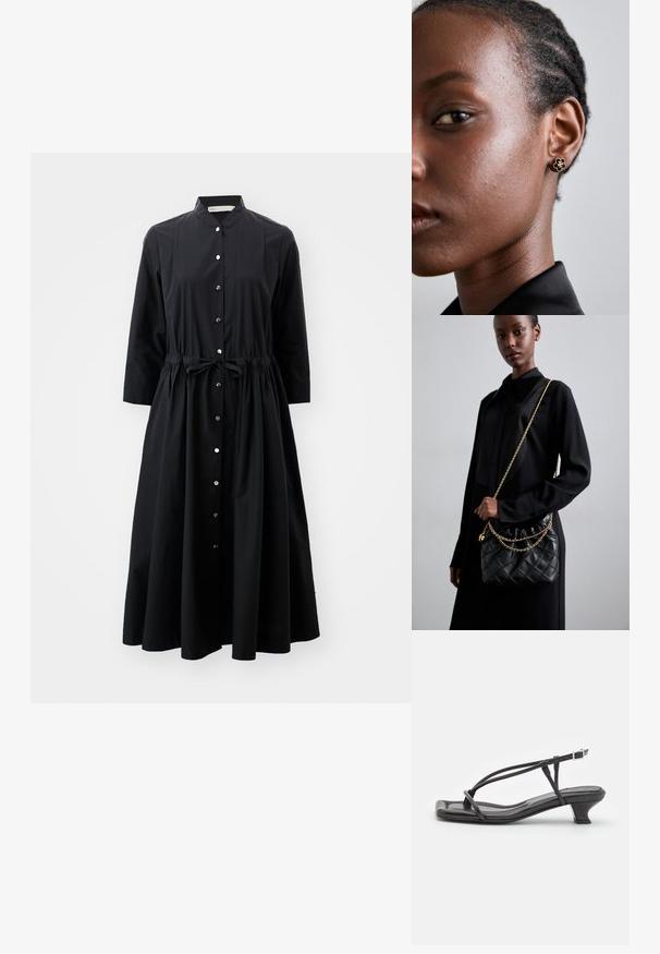 Vestito lungo maniche nere realizzato in cotone, con chiusura a bottoni sul davanti, vita arricciata con un nastro e gonna svasata.; Sandalo in pelle nera con cinturini sottili, tacco basso a blocco e punta quadrata. Presenta una chiusura con fibbia e una superficie liscia.; Borsa a tracolla in pelle nera trapuntata con apertura arricciata, tracolla in catena dorata e forma rettangolare, appoggiata su uno sfondo semplice.; L'orecchino a bottone floreale in oro presenta un centro nero texturizzato e dettagli delicati. La pelle chiara del modello e i capelli intrecciati sono visibili di profilo.