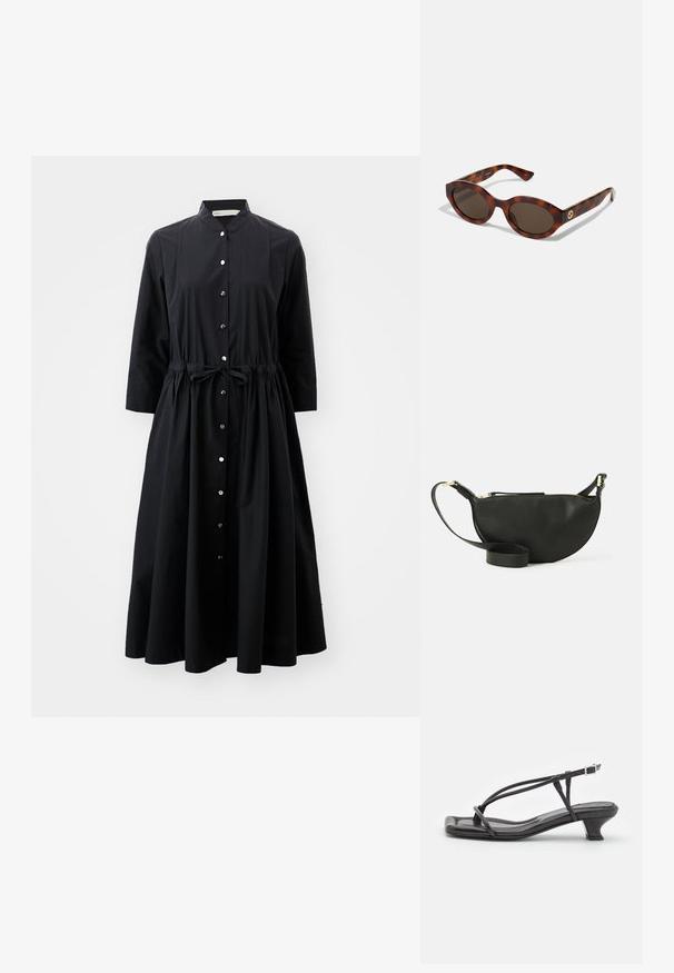 Černé dlouhé šaty s dlouhým rukávem vyrobené z bavlny, s knoflíkovým zavíráním vpředu, staženým pasem s páskem a rozšířenou sukní.; Černé kožené sandály s tenkými pásky, nízkým blokovým podpatkem a čtveratou špičkou. Obsahují přezku a mají hladkou texturu.; Kočičí sluneční brýle s kulatými rámy, tmavými skly a zlatým logem na stranách. Hladký plastový materiál, bez viditelných vzorů.; Černá kožená taška přes rameno ve tvaru půlměsíce, texturovaný povrch, zlatý zip a plochý popruh. Kompaktní design vhodný pro nezbytnosti.