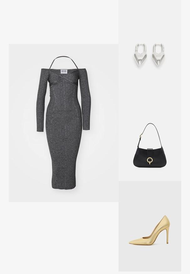 Off-ramena, dolgimi rokavi, siva rebrasta obleka s prilegajočim krojem, teksturirano blago in dolžino do kolen, z tanjšimi naramnicami in oznako.; Zlati metalni čevlji s konico in visoko peto, prikazani s strani na enostavnem svetlem ozadju.; Črna usnjena torbica s ukrivljeno silhueto, kratkim ročajem, centralno zlatim okrasom in gladko teksturo. Brez vidnih vzorcev ali dodatkov.; Srebrni ključavnice v obliki srca z vgraviranima besedama "DA" in "NE", s poliranim zaključkom, simetričnim dizajnom in robustnim kovinskim nosilcem.