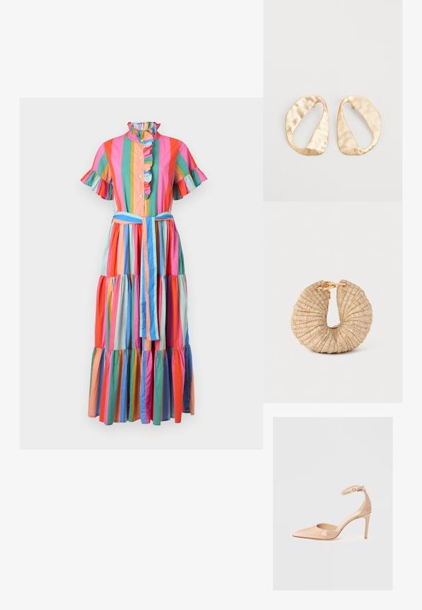 MILLE VICTORIA wielokolorowy; Nude lakierowane buty na szpilce z odkrytym palcem i paskiem wokół kostki, charakteryzujące się gładką fakturą i minimalistycznym designem.; Cult Gaia UBAH beżowy; Para nieregularnych, owalnych kolczyków ze złotego metalu o teksturowanej, lekko młotkowanej powierzchni na białym tle.