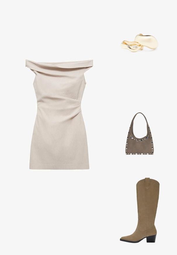 Rochie bej cu umerii descoperiți, cu textură pliată, corp ajustat și tiv drept. Fabricată dintr-un material ușor pentru confort.; Cizme din daim maro, până la genunchi, cu vârf ascuțit, toc cu grosime și detalii de cusătură pe laturi. Textură fină și design structurat.; PULL&BEAR SHOPPER - Geantă de pânză - grey; Cercei de culoare aurie cu o formă organică, asemănătoare unui bob, și o suprafață netedă, reflectantă; prezintă un design minimalist, fără hardware vizibil.