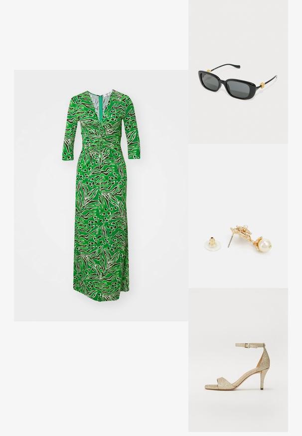 Diane von Furstenberg ALBA DRESS - Vestido de malha - water green; Sandal de salto alto dourado com brilhantes, com tira no tornozelo, bico aberto e frente em forma quadrada. Apresenta um saltinho fino e afunilado para elevação.; Óculos de sol retangulares pretos com lentes cinzas e detalhes em forma de cabeça de leão dourados nas hastes. Armação de plástico suave, design elegante.; Brincos em tom dourado com um design decorativo e um detalhe em pérola, com haste em metal e uma parte traseira em borracha translúcida.