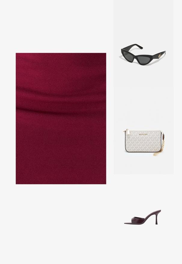 Burgundska tkanina z mehko, teksturirano površino; vsebuje nežne gube, ki nakazujejo raztegljivost in prilagojeno zasnovo.; Bordo visoke sandale na petu s kvadratnim vrhom, izrađene od glatke kože. Imaju elegantan, minimalistički dizajn i suženu petu.; Sončne naočale v mačjem stilu z mat črnim plastičnim okvirjem, temnimi lečami in zlatim logotipom na tempeljih. Kotačast dizajn in gladka tekstura.; Michael Kors denarnica v bež lakiranem platnu z mišičnim vzorcem ponavljajočega se logotipa MK, z zlatim okovjem in snemljivo verižico.