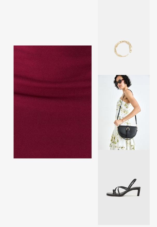 Tessuto color bordeaux con superficie morbida e testurizzata; presenta pieghe delicate che suggeriscono elasticità e un design aderente.; Sandalo nero con cinturini, dalla punta squadrata e tacco basso a blocco. Presenta diversi cinturini sottili e una cinturini regolabile alla caviglia. Realizzato in pelle liscia.; Borsa a tracolla nera in pelle con una forma curva, manico rimovibile e accessori dorati. La borsa presenta una patta con un dettaglio a fibbia.; Anello in tono oro con un design organico e Twisted, caratterizzato da una superficie liscia e punte affusolate, che crea un aspetto moderno e scultoreo.