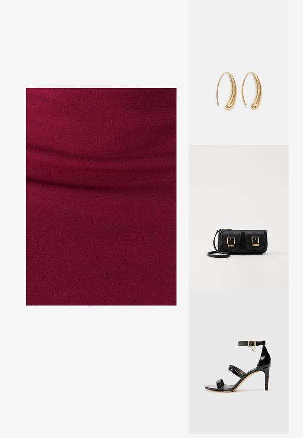 Tessuto color bordeaux con superficie morbida e testurizzata; presenta pieghe delicate che suggeriscono elasticità e un design aderente.; Sandalo in pelle verniciata nera con tre cinturini, fibbia alla caviglia e tacco a stiletto di 10 cm. Presenta dettagli in hardware dorato e un charm con logo.; Borsa a tracolla nera in pelle con due tasche frontali, fibbie dorate, chiusura con zip e una tracolla sottile. Superficie texturizzata e forma rettangolare compatta.; Orecchini a cerchio in metallo color oro con forma curva ed allungata. Presentano una superficie liscia e lucida e una punta arrotondata per un tocco di dettaglio in più.