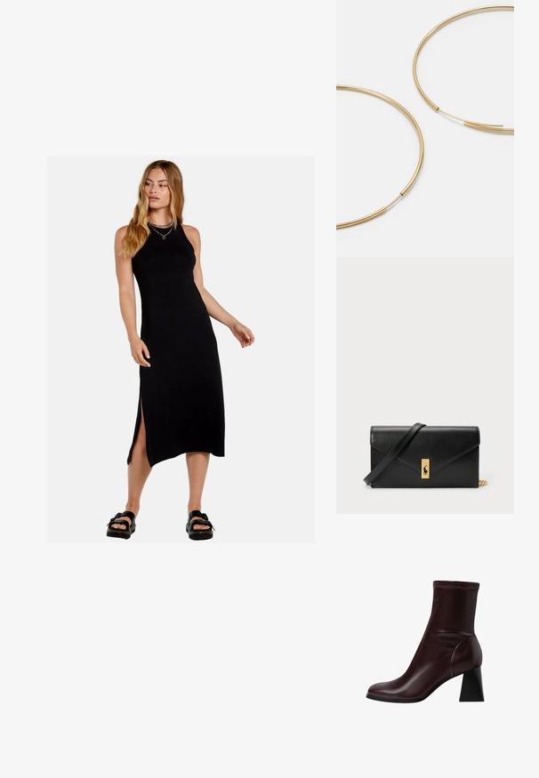 Zwarte mouwloze maxidress met zijsplitten, gemaakt van een soepele stof. Kenmerkt zich door een aansluitende silhoet en een ronde hals.; Stradivarius BLOCK - Korte laarzen - dark red; Gouden oorringen, dun en rond van vorm, met een gladde metallic afwerking en zonder versieringen of patronen.; Zwarte leren portemonnee met een opklapbare flap, gouden hardware en een logo-accent. Inclusief een afneembare strap voor het dragen.