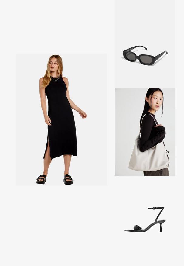 Schwarzes, ärmelloses Maxikleid mit seitlichen Schlitzen, aus einem glatten Stoff. Es hat eine taillierte Silhouette und einen runden Ausschnitt.; Bershka High Heel Sandalette - black; Schwarze rechteckige Sonnenbrillen mit dunklen Gläsern. Dicke Kunststofffassung, glatte Oberfläche und abgerundete Kanten. Modische Bügel verjüngen sich nach außen.; Beige Handtasche aus weichem Material, mit einem lässigen Design, gesteppten Details und zwei Schulterriemen. Geeignet für den täglichen Gebrauch.