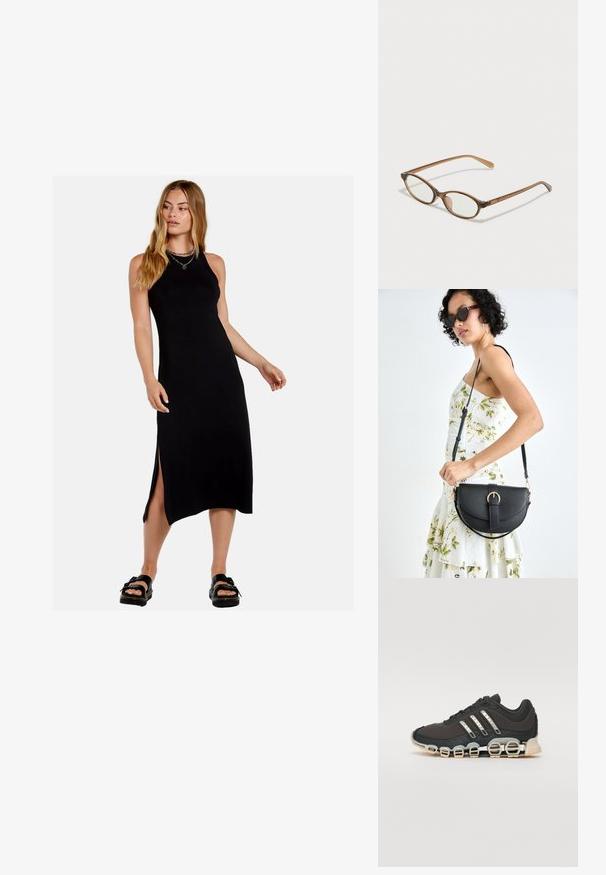 Czarna, bezrękawna sukienka maxi z bocznymi rozcięciami, wykonana z gładkiego materiału. Charakteryzuje się dopasowaną sylwetką i okrągłym dekoltem.; Czarne sportowe buty z teksturowaną cholewką, trzema srebrnymi paskami i charakterystyczną podeszwą z amortyzacją, składającą się z wielu zintegrowanych sekcji.; Brązowe okulary w motyle z owalnymi soczewkami, cienkimi ramionami i przezroczystymi akcentami. Posiadają subtelne logo na zauszniku. Smukły, lekki design.; Czarna skórzana torebka o zakrzywionym kształcie, z odpinanym paskiem i złotymi akcentami. Torebka posiada klapę z zapięciem w kształcie klamry.