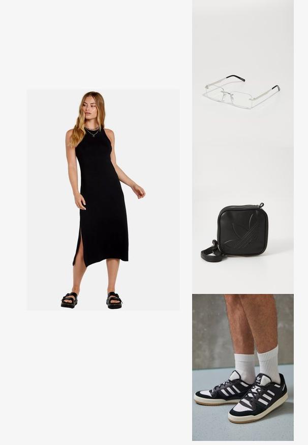 Robe maxi noire sans manches avec des fentes latérales, fabriquée dans un tissu lisse. Présente une silhouette ajustée et un col rond.; Baskets noir et blanc avec une tige en suède et cuir, comportant trois rayures blanches, un bout perforé et une semelle en caoutchouc gum.; Lunettes rectangulaires à verres transparents avec une fine monture en métal argenté et des embouts en acétate noir. Présente un matériel minimal pour un design épuré.; Sac bandoulière noir en matériau synthétique texturé. Présente un design de logo en relief et une bandoulière réglable. Fermeture zippée.