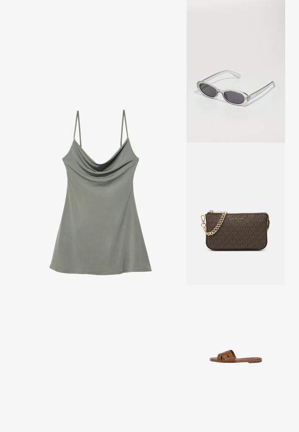 Uvoľnený, svetlošedý top na ramienka s tenkými nastaviteľnými popruhmi, vyrobený z jemného materiálu, so voľným strihom a hladkou textúrou.; Hnedé kožené šľapky s krížovými popruhmi, plochou podrážkou a hladkým povrchom. Jednoduchý dizajn bez ozdôb alebo vzorov.; Slnečné okuliare oválneho tvaru, s priehľadným plastovým rámom, tmavošedými šošovkami a tenkými priehľadnými ramienkami s logovými akcentmi a minimálnym detailovaním.; Hnedá kožená crossbody taška s logom, zlatým reťazcom, zipsovým uzáverom a zlatými prvkami. Kompaktnej a obdĺžnikovej forme.