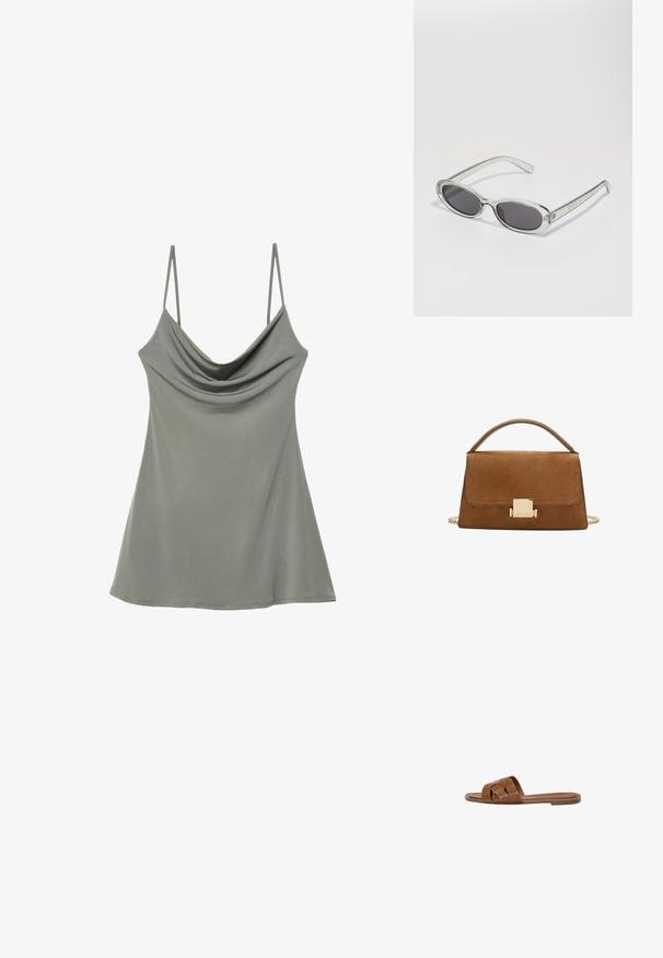 Ohlapna svetlo siva kamizola s tankimi nastavljivimi naramnicami, izdelana iz mehkega materiala, z udobnim krojem in gladko teksturo.; Rjav usnjeni natikač s prečnimi trakovi, ravnim podplatom in gladko teksturo. Preprost dizajn brez okraskov ali vzorcev.; Sončna očala ovalne oblike, prozoren plastičen okvir, temno sivi leči in tanke prozorne roke z logotipnimi akcenti in minimalnimi detajli.; Rjava semiš torbica s pozlačenim kvadratnim zapiralom, zgornjim ročajem in verižnim trakom. Ima pravokotno obliko in zaobljene robove.