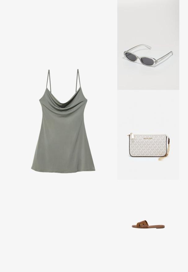 Nabran lagani sivi top s dekolteom s tankim podesivim trakama, napravljen od mekog materijala, s opuštenim krojem i glatkom teksturom.; Smeđe kožne sandale na klizanje s ukriženim trakama, ravnim potplatom i glatkom površinom. Jednostavan dizajn bez ukrasa ili uzoraka.; Naočale u ovalnom obliku, okvir od prozirne plastike, tamno sivi leće i tanke prozirne ručke s logotipom i minimalnim detaljima.; Michael Kors novčanik na zapešću u bež premazanoj tkanini s ponavljajućim uzorkom MK loga, zlatnim hardverom i odvojivim lancem za nošenje.