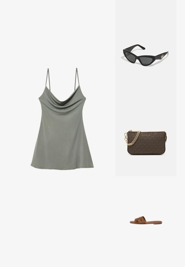 Lässiges, hellgraues Damenunterhemd mit dünnen, verstellbaren Trägern, gefertigt aus weichem Stoff, mit lockerer Passform und glatter Textur.; Braune Leder-Sandale mit gekreuzten Riemen, flacher Sohle und glatter Textur. Schlichtes Design ohne Verzierungen oder Muster.; Cat-Eye-Sonnenbrille mit mattem schwarzen Kunststoffrahmen, dunklen Gläsern und einem goldenen Logoplatz auf dem Bügel. Winkeliges Design und glatte Oberfläche.; Braune Leder-Crossbody-Tasche mit Logo-Muster, goldener Kettenriemen, Reißverschlussverschluss und goldenen Hardware-Details. Kompakte und rechteckige Form.