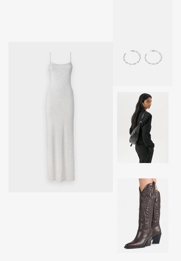 Szara, dopasowana sukienka maxi o gładkiej fakturze, regulowane ramiączka i prosty, nieozdobiony design.; Brązowe skórzane kowbojki z noskiem w kształcie migdała i blokowym obcasem, z detalicznym przeszyciem i podniesionymi akcentami na cholewce.; Kobieta z długimi ciemnymi włosami, ubrana w czarny garnitur, trzymająca czarną skórzaną torbę na ramię, spoglądająca przez ramię na białym tle.; Srebrne kolczyki w kształcie obręczy z skręconym wzorem, z polerowanym wykończeniem i zapięciem na sztyft. Mają średnicę około 3 cm.