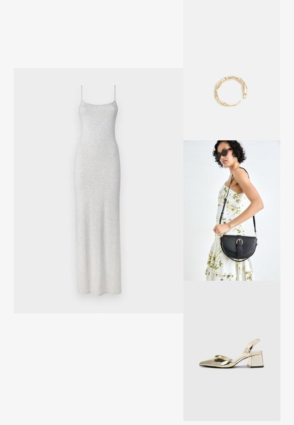 Pelēks, pieguļošs maksi kleita ar gludu tekstūru, regulējamām ar strapēm un vienkāršu, bez dekorācijām dizainu.; Zeltaini, metāla kurpes ar siksniņām, norakans purngalis un masīla papēdis. Gluda tekstūra, minimālisma dizains un šaura siksna.; Melnas ādas rokassoma ar izliekta formu, noņemamu siksnu un zelta aksesuāriem. Somai ir vāciņš ar sprādzes detaļu.; Zelta toņa gredzens ar organisku, vērptu dizainu, gludu virsmu un sašaurinātiem galiem, radot mūsdienīgu, skulpturālu izskatu.